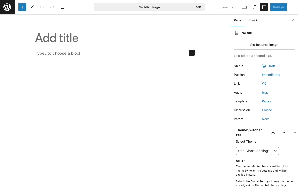Animated gif showing how to switch to any theme when creating a new page in WordPress.