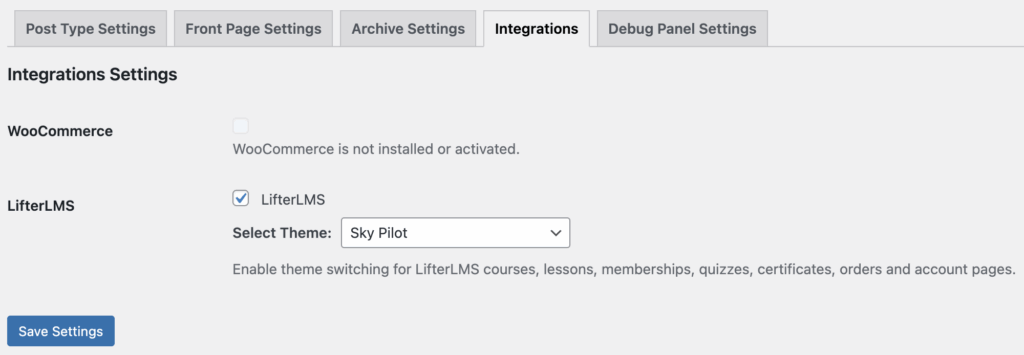 A screenshot showing the Theme Switcher Pro (version 1.4.0 or later) plugin settings page for integrations, with the option to enable the LifterLMS integration enabled.